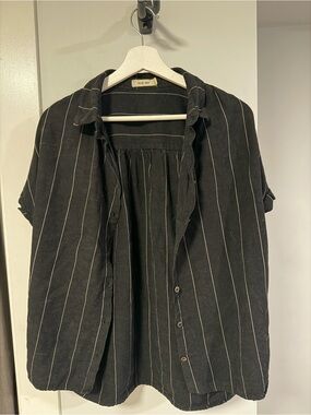 Striped Button-Up Shirt Jacket in Black with White Pinstripes